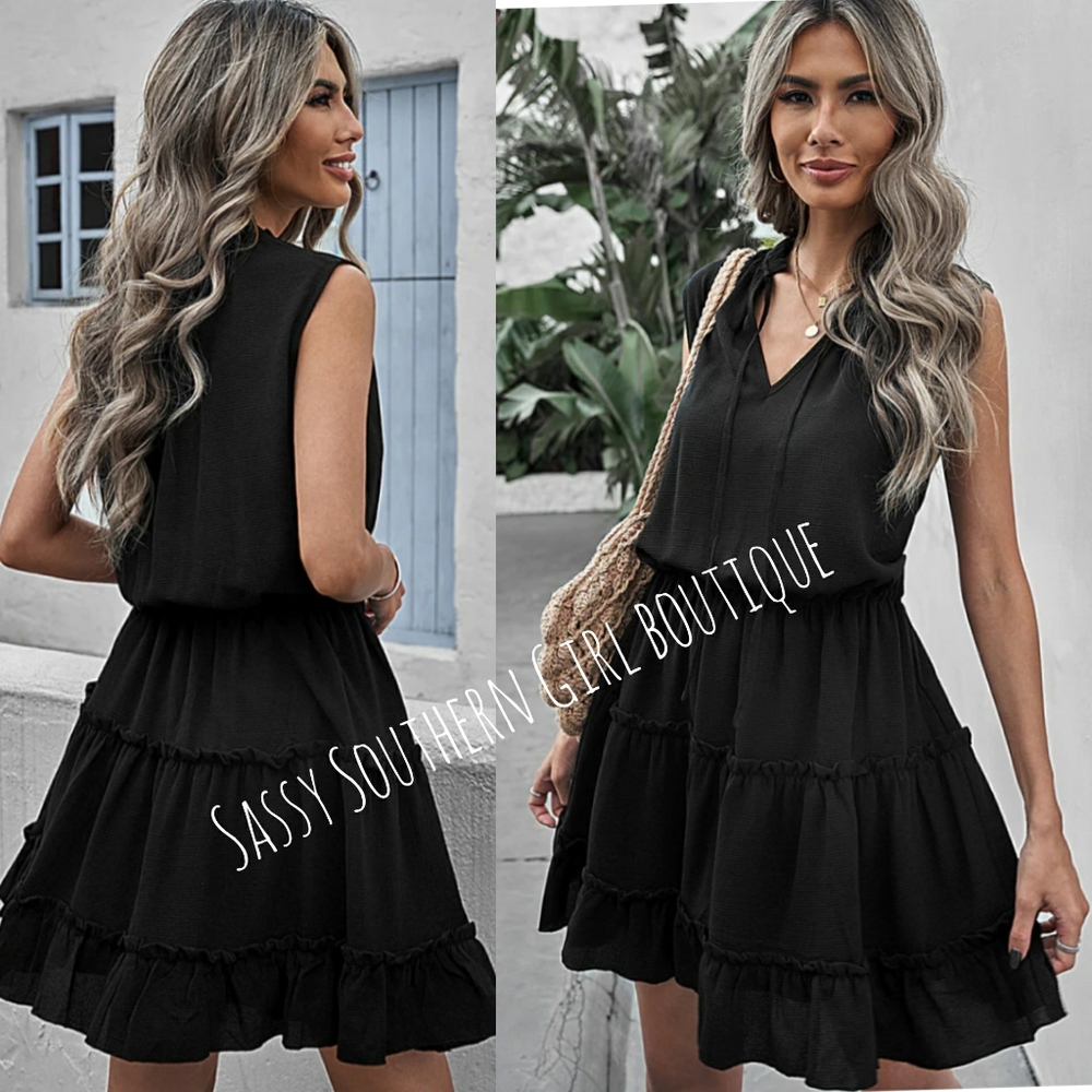 🆕⭐ Boho black ruffle sleeveless mini dress